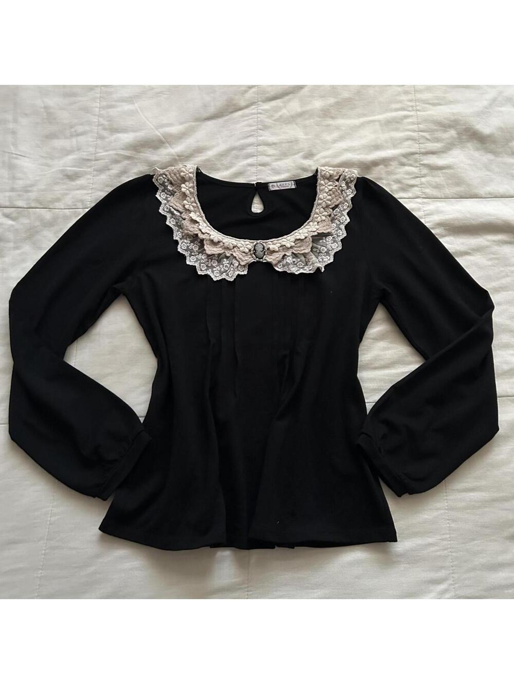 Axes Femme black long sleeve top ornate lace collar floral embroidery